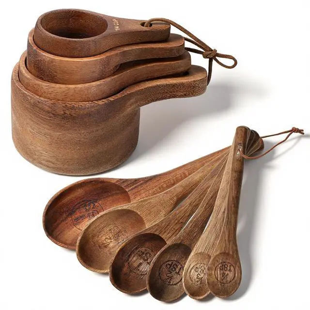 Main image of 10-Piece Wooden Measuring Cups and Spoons Set, Handcrafted Acacia Wooden Measuring Cups - Solid Acacia Wood, Laser Engraved, Wood Rustic Kitchen Accessories for Baking, Cooking