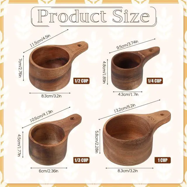 Alt view image 2 of 7 - 10-Piece Wooden Measuring Cups and Spoons Set, Handcrafted Acacia Wooden Measuring Cups - Solid Acacia Wood, Laser Engraved, Wood Rustic Kitchen Accessories for Baking, Cooking