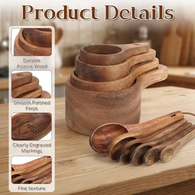 Alt view image 4 of 7 - 10-Piece Wooden Measuring Cups and Spoons Set, Handcrafted Acacia Wooden Measuring Cups - Solid Acacia Wood, Laser Engraved, Wood Rustic Kitchen Accessories for Baking, Cooking