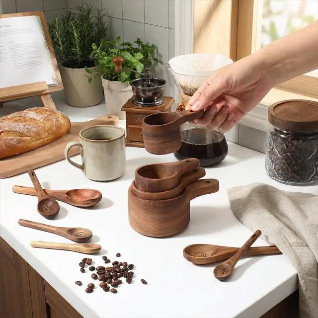 Alt view image 5 of 7 - 10-Piece Wooden Measuring Cups and Spoons Set, Handcrafted Acacia Wooden Measuring Cups - Solid Acacia Wood, Laser Engraved, Wood Rustic Kitchen Accessories for Baking, Cooking