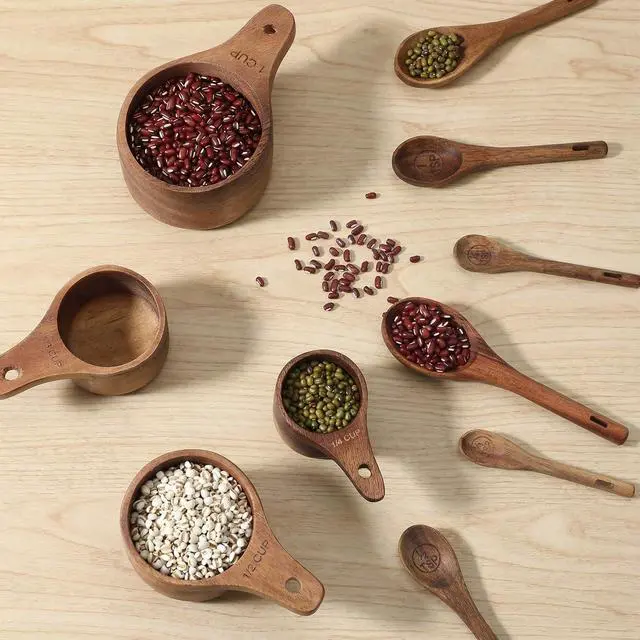 Alt view image 6 of 7 - 10-Piece Wooden Measuring Cups and Spoons Set, Handcrafted Acacia Wooden Measuring Cups - Solid Acacia Wood, Laser Engraved, Wood Rustic Kitchen Accessories for Baking, Cooking