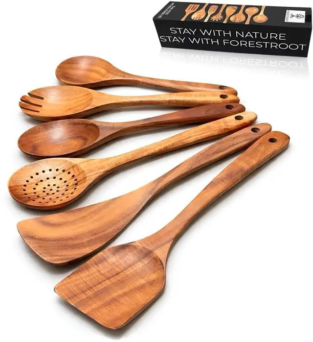 Main image of 6-Piece Wooden Utensil Set Premium Teak Wood Cooking Spoons & Spatulas, Non-Stick, Heat-Resistant, Durable & Eco-Friendly Kitchen Tools for Cooking & Serving