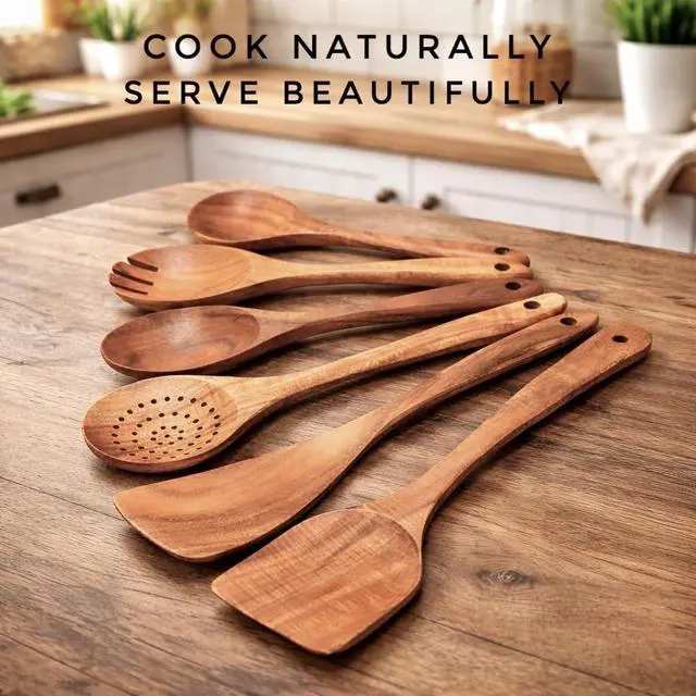 Alt view image 3 of 7 - 6-Piece Wooden Utensil Set Premium Teak Wood Cooking Spoons & Spatulas, Non-Stick, Heat-Resistant, Durable & Eco-Friendly Kitchen Tools for Cooking & Serving
