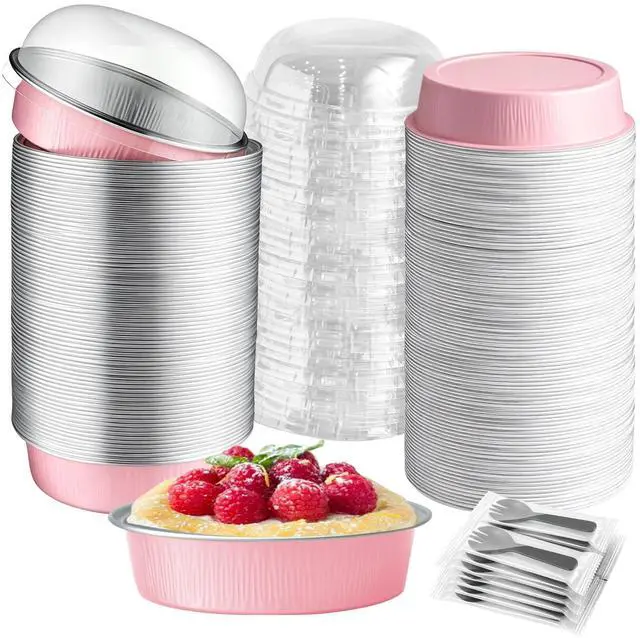 Main image of Mini Cake Pans With Lids And Spoons, Baking Tins For Round Small Desserts 7 Oz Aluminum Foil Baking Pans Disposable Ramekins Individual Cake Containers Holders For Tart Quiche Flan (50, Pink)