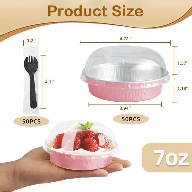 Alt view image 2 of 7 - Mini Cake Pans With Lids And Spoons, Baking Tins For Round Small Desserts 7 Oz Aluminum Foil Baking Pans Disposable Ramekins Individual Cake Containers Holders For Tart Quiche Flan (50, Pink)