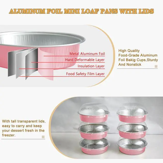 Alt view image 3 of 7 - Mini Cake Pans With Lids And Spoons, Baking Tins For Round Small Desserts 7 Oz Aluminum Foil Baking Pans Disposable Ramekins Individual Cake Containers Holders For Tart Quiche Flan (50, Pink)