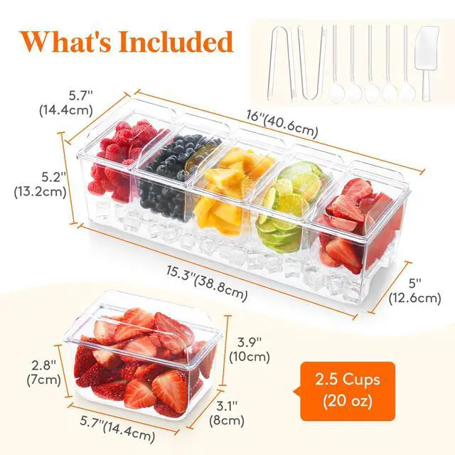 Alt view image 2 of 7 - Taco Bar Serving Set for Party with 5 x 20 oz Containers & Components, Ice Chilled Condiment Caddy Organizer, Garnish Serving Tray Platter for Mimosa Bar Accessories, Fruit, Salad, Food