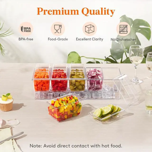 Alt view image 3 of 7 - Taco Bar Serving Set for Party with 5 x 20 oz Containers & Components, Ice Chilled Condiment Caddy Organizer, Garnish Serving Tray Platter for Mimosa Bar Accessories, Fruit, Salad, Food