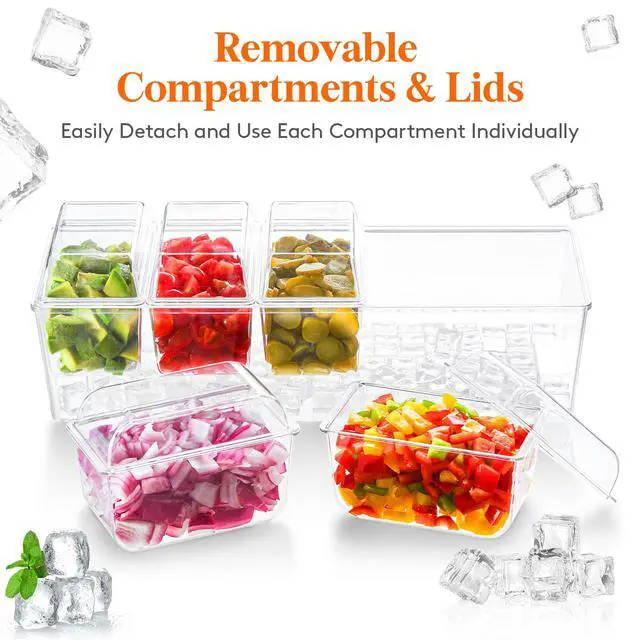 Alt view image 5 of 7 - Ice Chilled Condiment Caddy with 5x 20 oz Containers, Condiment Server with Lid & Metal Accessories, Serving Tray Platter with Removable Dishes for Bar, Fruit, Salad, Taco, Party Garnish