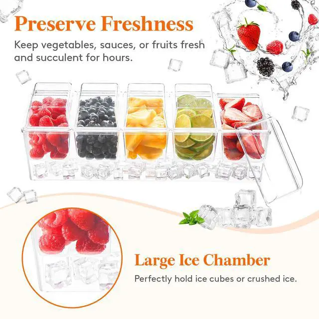 Alt view image 4 of 7 - Taco Bar Serving Set for Party with 5 x 20 oz Containers & Components, Ice Chilled Condiment Caddy Organizer, Garnish Serving Tray Platter for Mimosa Bar Accessories, Fruit, Salad, Food
