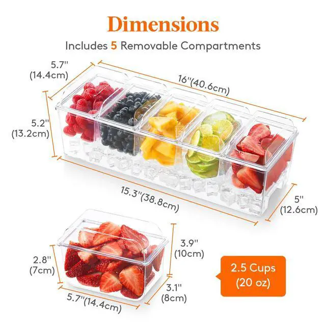 Alt view image 4 of 7 - Chilled Condiment Caddy with 5 x 20 oz Containers, Compact 15" Garnish Tray with Lids for Bartenders, Taco Bar Party Serving Set & Dirty Soda Bar Supplies, Ideal for Fruit, Salad, Toppings