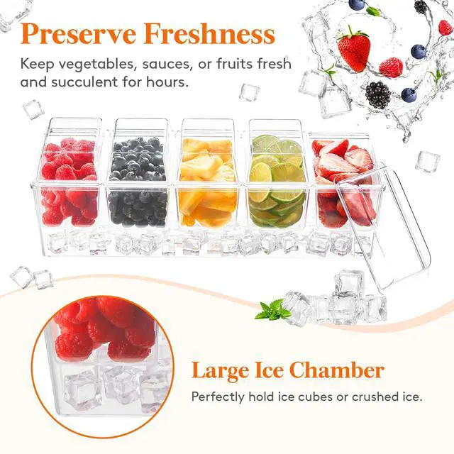 Alt view image 3 of 7 - Ice Chilled Condiment Caddy with 5x 20 oz Containers, Condiment Server with Lid & Metal Accessories, Serving Tray Platter with Removable Dishes for Bar, Fruit, Salad, Taco, Party Garnish