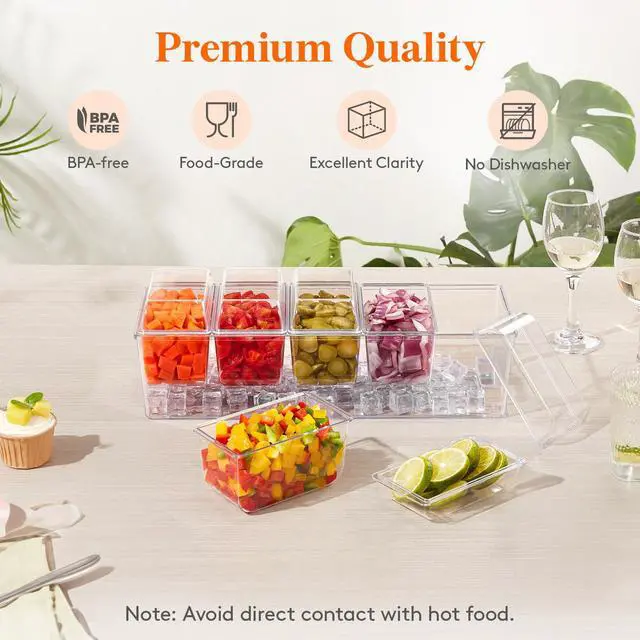 Alt view image 4 of 7 - Ice Chilled Condiment Caddy with 5x 20 oz Containers, Condiment Server with Lid & Metal Accessories, Serving Tray Platter with Removable Dishes for Bar, Fruit, Salad, Taco, Party Garnish