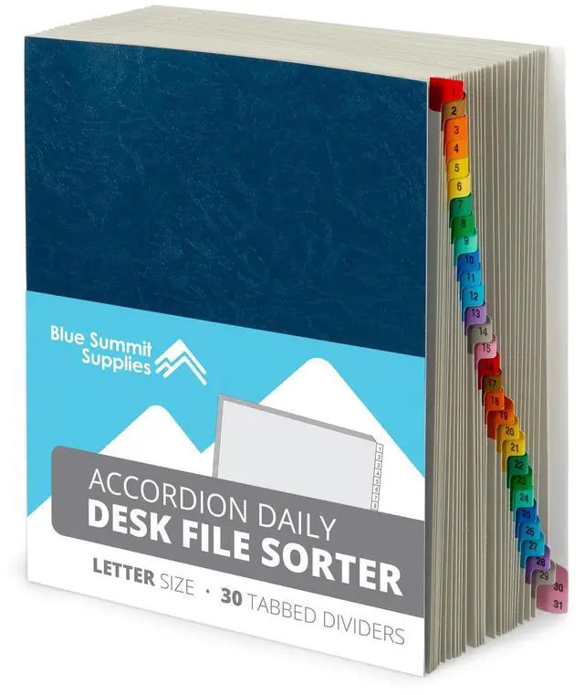 Main image of 1-31 Desk File Sorter, 31 Day Accordion File Organizer, Letter Size Document Sorter and Tickler Folder, Blue