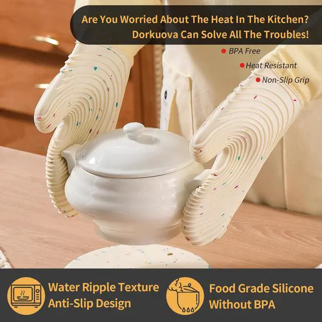 Alt view image 5 of 6 - Silicone Mitts Oven,Silicone Oven Mitts Pair,Oven Gloves, BPA-Free, Long Cooking Mitts,Oven mits/Glove Set for BBQ, 4 Pieces (Milky White)