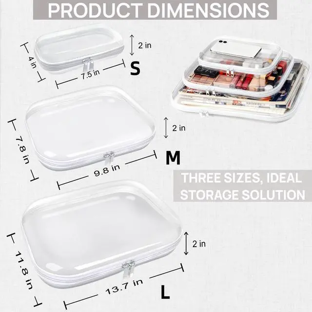 Alt view image 2 of 7 - 3PCS Clear Hard Plastic Zipper Case, Double Zippers Hard Pouch, Portable Travel Organizer Bin Clear Makeup Bag for Toy Storage, Snack Bag, Cosmetics, Diaper Bag, Toiletry Bag (3PCS-M)