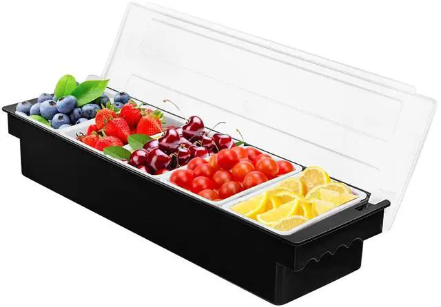Main image of 5 Compartment Plastic Dispenser Fruit Veggie Condiment Caddy with LidIce Cooled Condiment Serving Container Chilled Garnish Tray Bar Caddy for Home Work or Restaurant (Black)