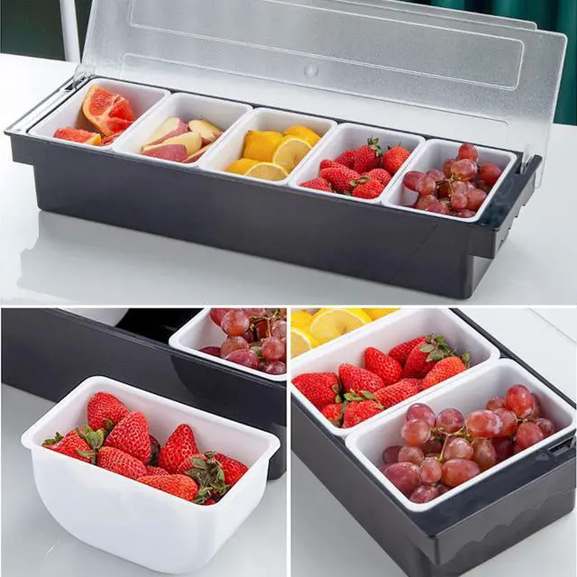 Alt view image 5 of 7 - 5 Compartment Plastic Dispenser Fruit Veggie Condiment Caddy with LidIce Cooled Condiment Serving Container Chilled Garnish Tray Bar Caddy for Home Work or Restaurant (Black)