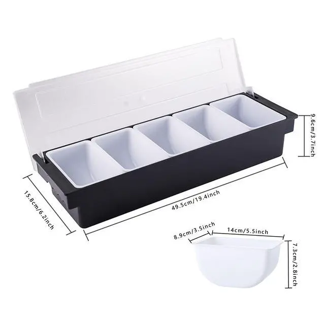 Alt view image 2 of 7 - 5 Compartment Plastic Dispenser Fruit Veggie Condiment Caddy with LidIce Cooled Condiment Serving Container Chilled Garnish Tray Bar Caddy for Home Work or Restaurant (Black)