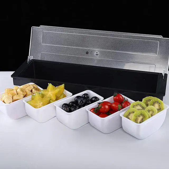 Alt view image 3 of 7 - 5 Compartment Plastic Dispenser Fruit Veggie Condiment Caddy with LidIce Cooled Condiment Serving Container Chilled Garnish Tray Bar Caddy for Home Work or Restaurant (Black)
