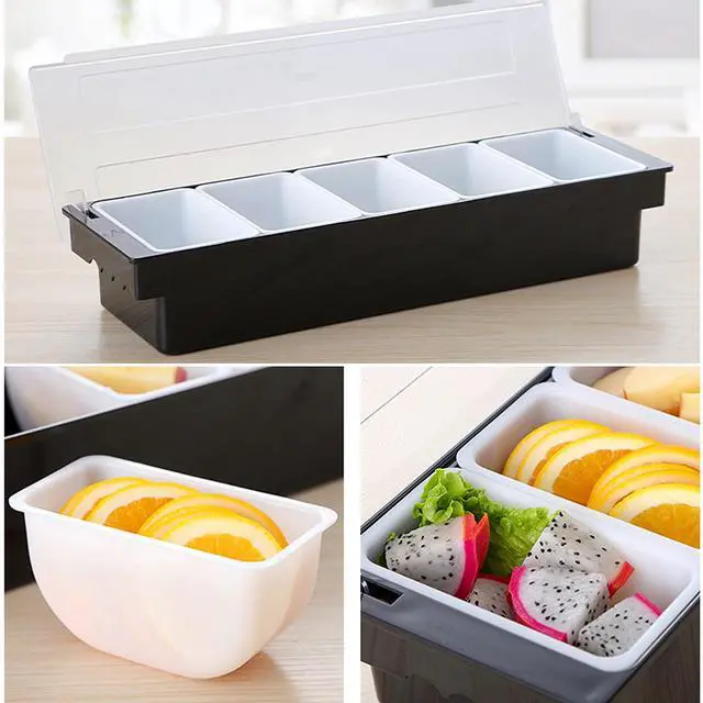 Alt view image 7 of 7 - 5 Compartment Plastic Dispenser Fruit Veggie Condiment Caddy with LidIce Cooled Condiment Serving Container Chilled Garnish Tray Bar Caddy for Home Work or Restaurant (Black)