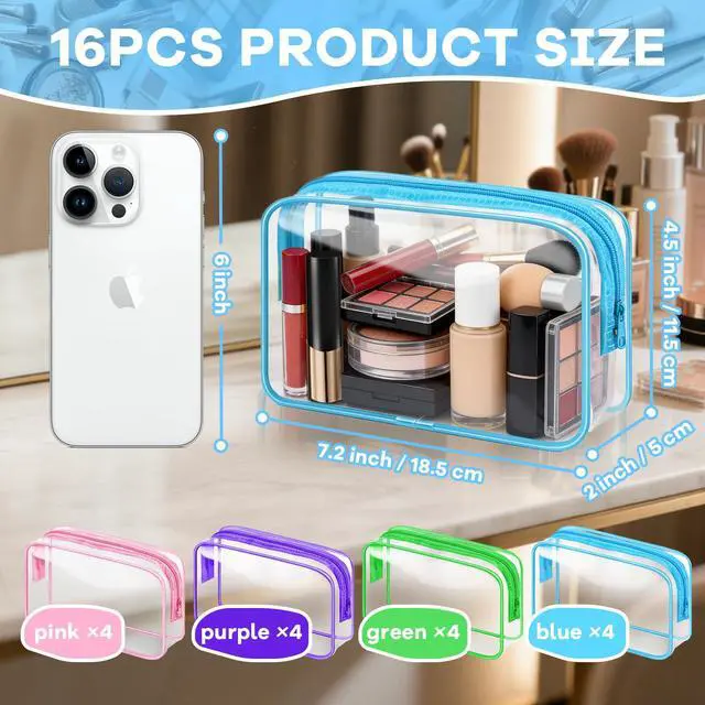 Alt view image 2 of 7 - 16 Packs Clear Makeup Bag Bulk, Waterproof Cosmetic Storage Bags, TSA Approved Toiletry Bags PVC Zipper Plastic Pouches for Organizing Travel Bathroom