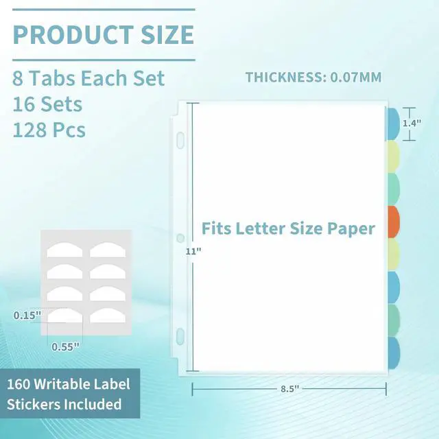 Alt view image 2 of 7 - 128 Pack Heavyduty Clear Sheet Protectors with 8 Tabs, 45 Sheets Capacity, 8.5 x 11 inch Plastic Dividers for 3 Ring Binder, Insertable Index Divider, Letter Size, 16 Set, Label Sticker