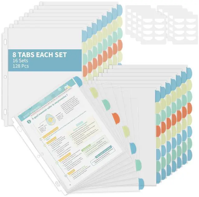 Main image of 128 Pack Heavyduty Clear Sheet Protectors with 8 Tabs, 45 Sheets Capacity, 8.5 x 11 inch Plastic Dividers for 3 Ring Binder, Insertable Index Divider, Letter Size, 16 Set, Label Sticker