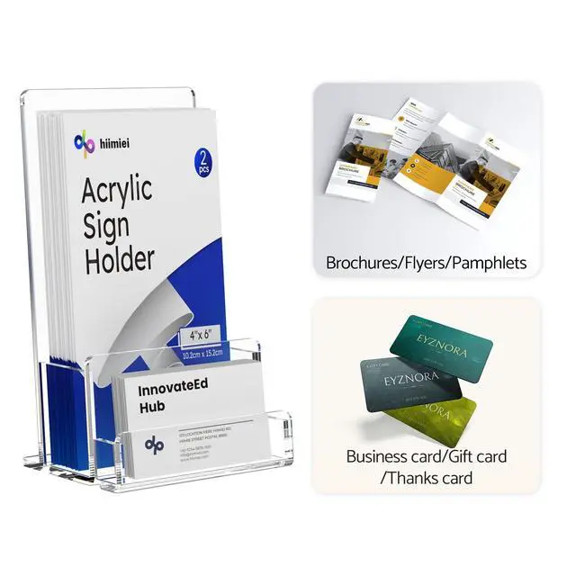 Alt view image 3 of 7 - Brochure and Business Card Holder: Acrylic Flyer Holder 5.5 x 8.5 inches, 2 Pack Clear Pamphlets Holder with Business Card Pocket, Tabletop Trifold, Literature