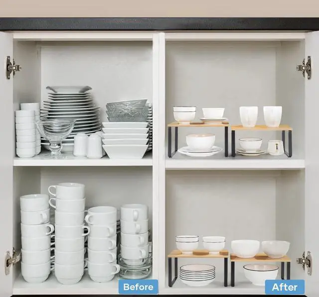 Alt view image 3 of 6 - Kitchen Cabinet and Counter Shelf Organizer, Stackable & Expandable, Set of 4, Black and Natural
