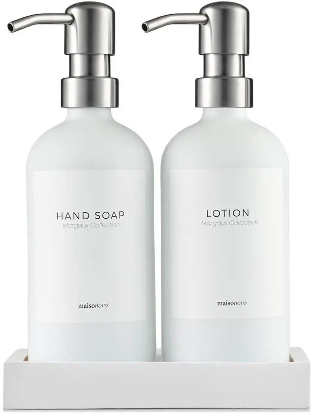 Main image of Soap and Lotion Dispenser Set - Bathroom Soap Dispenser Set with White Soap Dispenser, Silver Pumps & Concrete Tray