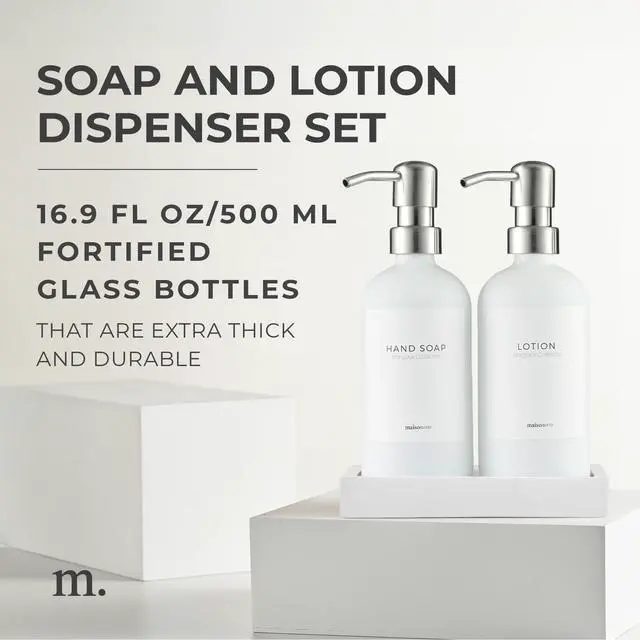 Alt view image 2 of 7 - Soap and Lotion Dispenser Set - Bathroom Soap Dispenser Set with White Soap Dispenser, Silver Pumps & Concrete Tray