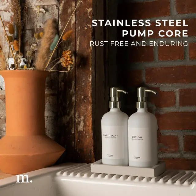 Alt view image 4 of 7 - Soap and Lotion Dispenser Set - Bathroom Soap Dispenser Set with White Soap Dispenser, Silver Pumps & Concrete Tray