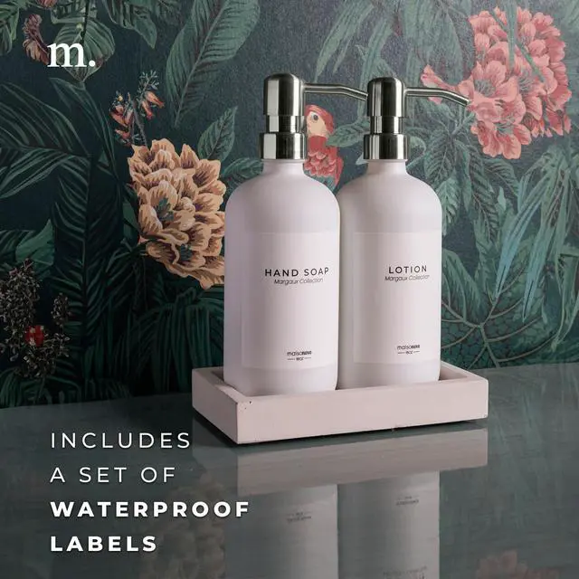 Alt view image 6 of 7 - Soap and Lotion Dispenser Set - Bathroom Soap Dispenser Set with White Soap Dispenser, Silver Pumps & Concrete Tray