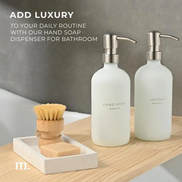 Alt view image 7 of 7 - Soap and Lotion Dispenser Set - Bathroom Soap Dispenser Set with White Soap Dispenser, Silver Pumps & Concrete Tray