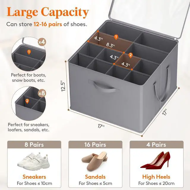 Alt view image 2 of 7 - Shoe Storage Organizer for Closet, Fabric Large Shoe Box Storage Containers with Clear Cover, Foldable Bins for Boots Heels Sneakers Fits 24-32 Pairs (Each 12-16 Pairs) 2 Pack Gray