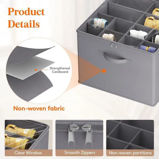 Alt view image 3 of 7 - Shoe Storage Organizer for Closet, Fabric Large Shoe Box Storage Containers with Clear Cover, Foldable Bins for Boots Heels Sneakers Fits 24-32 Pairs (Each 12-16 Pairs) 2 Pack Gray