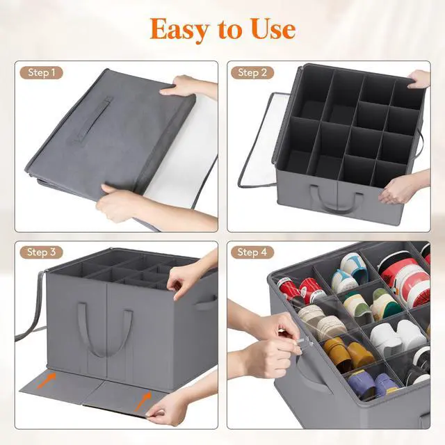 Alt view image 6 of 7 - Shoe Storage Organizer for Closet, Fabric Large Shoe Box Storage Containers with Clear Cover, Foldable Bins for Boots Heels Sneakers Fits 24-32 Pairs (Each 12-16 Pairs) 2 Pack Gray