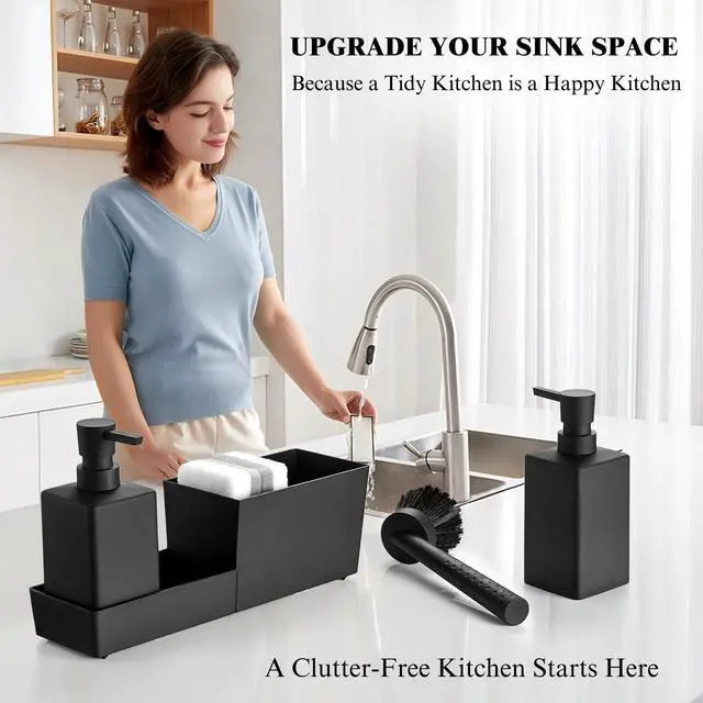 Alt view image 2 of 6 - Kitchen Soap Dispenser Set with Sponge Holder and Brush for Sink Rack Hand Soap and Dish Soap Dispensers Black 4-in-1