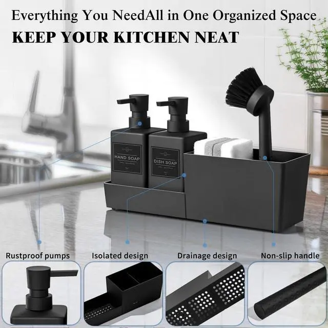 Alt view image 3 of 6 - Kitchen Soap Dispenser Set with Sponge Holder and Brush for Sink Rack Hand Soap and Dish Soap Dispensers Black 4-in-1