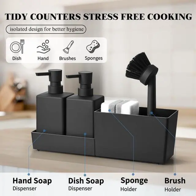 Alt view image 5 of 6 - Kitchen Soap Dispenser Set with Sponge Holder and Brush for Sink Rack Hand Soap and Dish Soap Dispensers Black 4-in-1
