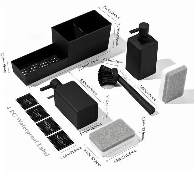Alt view image 6 of 6 - Kitchen Soap Dispenser Set with Sponge Holder and Brush for Sink Rack Hand Soap and Dish Soap Dispensers Black 4-in-1