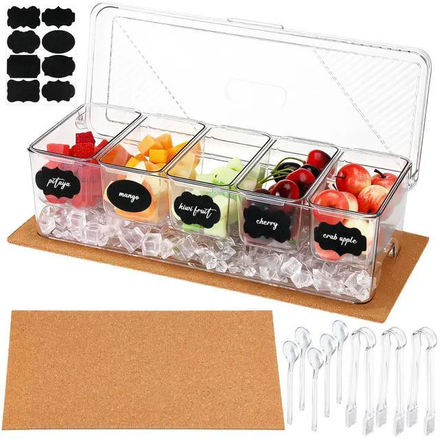 Main image of 11 Pcs Chilled Condiment Server with Lid Set Clear Garnish Tray Ice Fruit Caddy Including 1 Cork Pad 5 Spoons 3 Clips and Sticker for Bar Fruit Salad Taco and Party Garnish