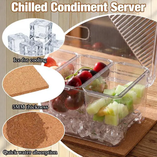 Alt view image 4 of 7 - 11 Pcs Chilled Condiment Server with Lid Set Clear Garnish Tray Ice Fruit Caddy Including 1 Cork Pad 5 Spoons 3 Clips and Sticker for Bar Fruit Salad Taco and Party Garnish