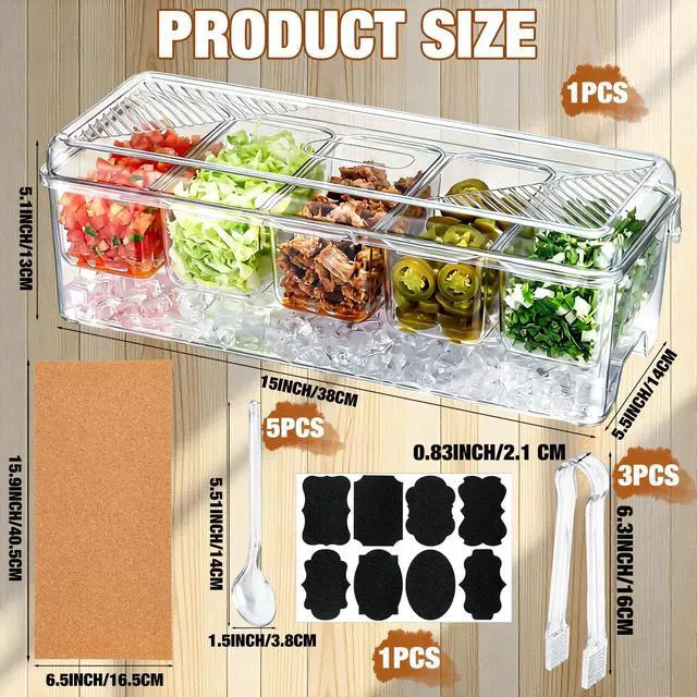 Alt view image 2 of 7 - 11 Pcs Chilled Condiment Server with Lid Set Clear Garnish Tray Ice Fruit Caddy Including 1 Cork Pad 5 Spoons 3 Clips and Sticker for Bar Fruit Salad Taco and Party Garnish
