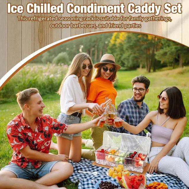 Alt view image 5 of 7 - 11 Pcs Chilled Condiment Server with Lid Set Clear Garnish Tray Ice Fruit Caddy Including 1 Cork Pad 5 Spoons 3 Clips and Sticker for Bar Fruit Salad Taco and Party Garnish