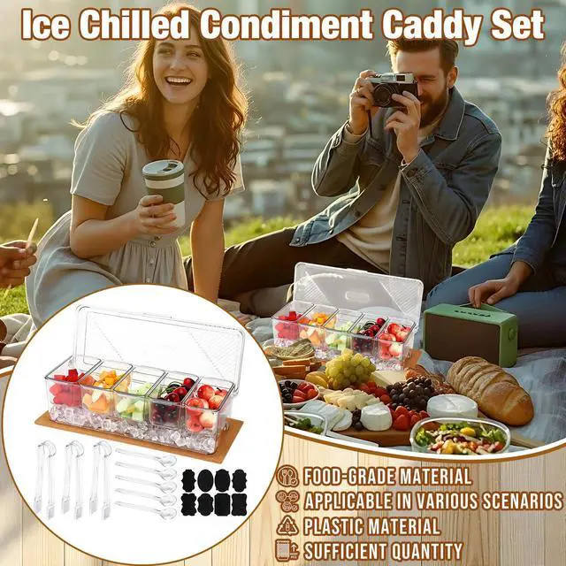 Alt view image 6 of 7 - 11 Pcs Chilled Condiment Server with Lid Set Clear Garnish Tray Ice Fruit Caddy Including 1 Cork Pad 5 Spoons 3 Clips and Sticker for Bar Fruit Salad Taco and Party Garnish