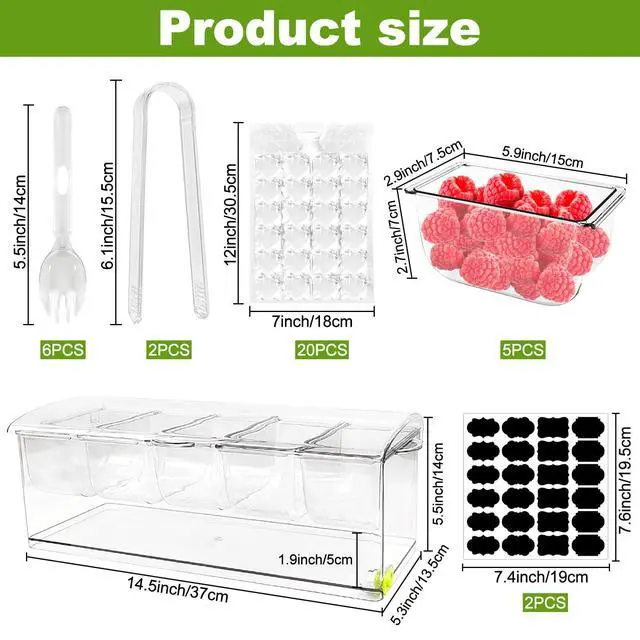 Alt view image 2 of 7 - Ice Chilled Condiment Server Caddy, Bar Fruit Caddy with Lid and 5 Removable Compartments, Plastic Storage Food Container Clear Ice Condiment Serving Tray for Party, Toppings Bar Container