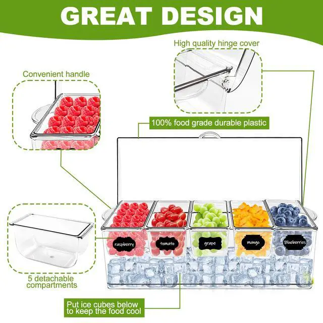 Alt view image 3 of 7 - Ice Chilled Condiment Server Caddy, Bar Fruit Caddy with Lid and 5 Removable Compartments, Plastic Storage Food Container Clear Ice Condiment Serving Tray for Party, Toppings Bar Container