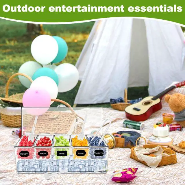 Alt view image 4 of 7 - Ice Chilled Condiment Server Caddy, Bar Fruit Caddy with Lid and 5 Removable Compartments, Plastic Storage Food Container Clear Ice Condiment Serving Tray for Party, Toppings Bar Container